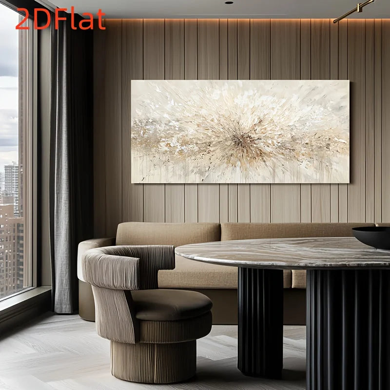 A modern living room setting featuring a large rectangular abstract canvas print with a beige and gold burst design on a wood-paneled wall above a beige sofa and a round marble-top table. The text '2DFlat' is visible in the top-left corner.