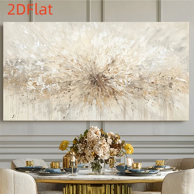 Large rectangular abstract wall art with a radial burst pattern in cream, beige, white, and brown tones, displayed above a styled dining table with flowers and gold tableware in a modern interior.