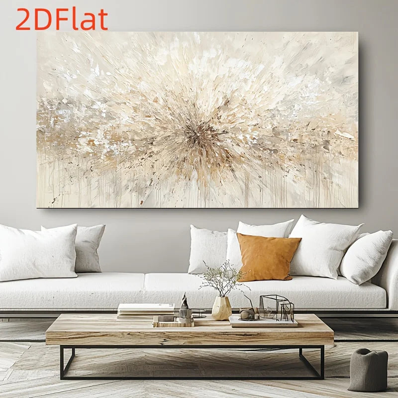A large abstract canvas wall art print with a textured radial burst in beige, cream, and brown tones, displayed above a white sofa in a modern living room setting. The text '2DFlat' is visible in red at the top left.