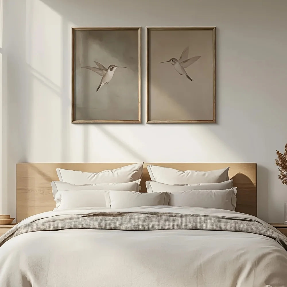 Neutral Hummingbird Wall Art Set – Soft Beige & White Bird Illustration Prints – Modern Minimalist Unframed Canvas Duo for Calm Bedroom & Contemporary Home Decor