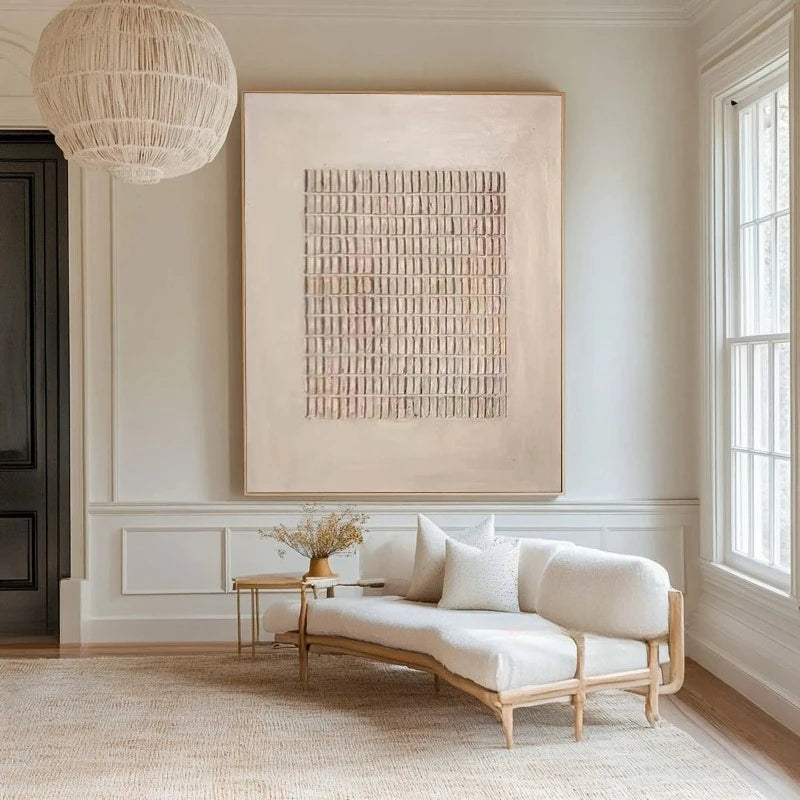 A large square abstract canvas print with a textured grid pattern in soft beige, cream, and muted pink tones, displayed on a wall in a bright, modern living room above a light wood daybed with white cushions.