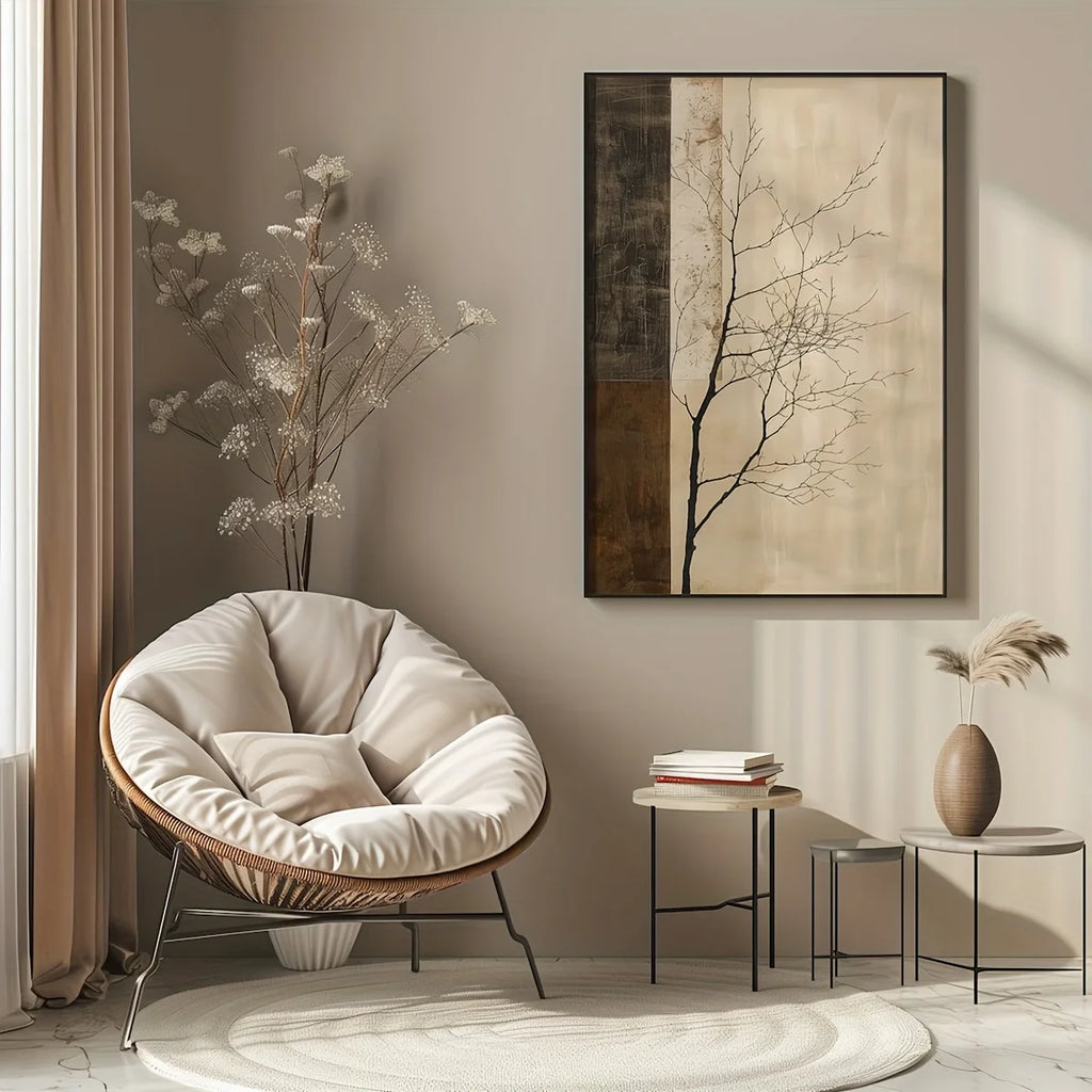 Neutral Zen Tree Branch Silhouette Wall Art – Minimalist Beige & Brown Panel Design – Modern Canvas Print for Calm Living Room Decor