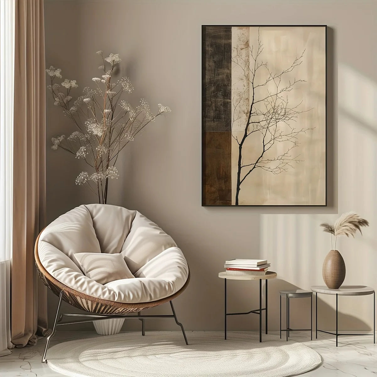 Neutral Zen Tree Branch Silhouette Wall Art – Minimalist Beige & Brown Panel Design – Modern Canvas Print for Calm Living Room Decor
