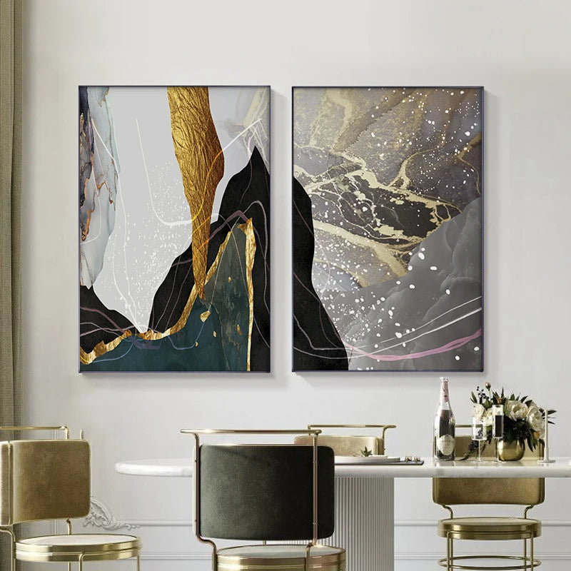 Nordic Abstract Golden Grey Green Geomorphic Marble Print Wall Art Fine Art Canvas Prints - Art For Modern Living Room Dining Room Meeting Room Boutique Hotel Art Decor