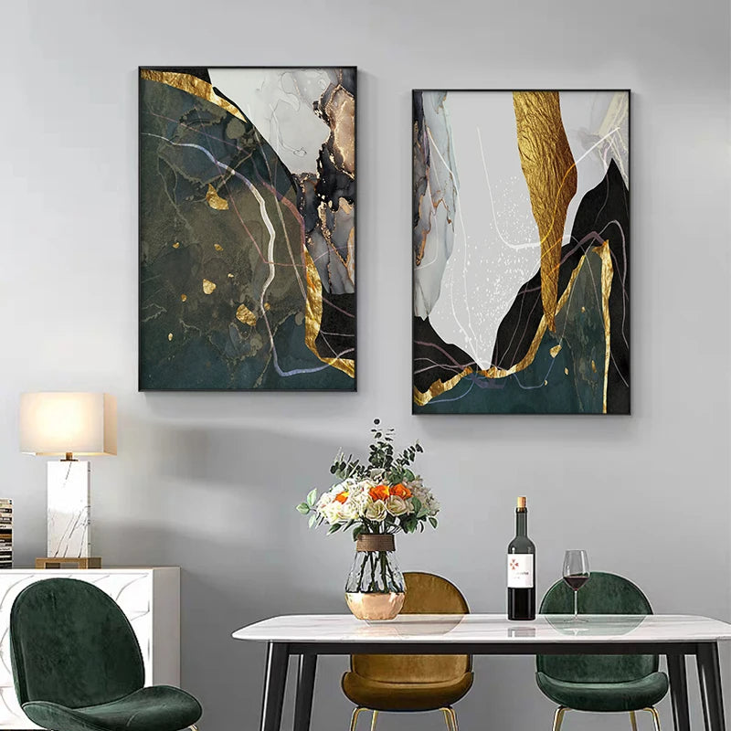Nordic Abstract Golden Grey Green Geomorphic Marble Print Wall Art Fine Art Canvas Prints - Art For Modern Living Room Dining Room Meeting Room Boutique Hotel Art Decor