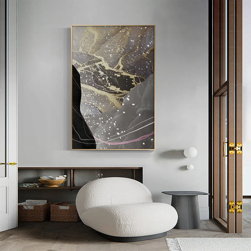 Nordic Abstract Golden Grey Green Geomorphic Marble Print Wall Art Fine Art Canvas Prints - Art For Modern Living Room Dining Room Meeting Room Boutique Hotel Art Decor