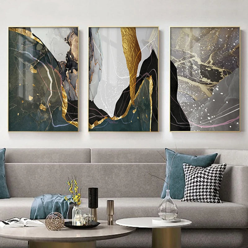 Nordic Abstract Golden Grey Green Geomorphic Marble Print Wall Art Fine Art Canvas Prints - Art For Modern Living Room Dining Room Meeting Room Boutique Hotel Art Decor