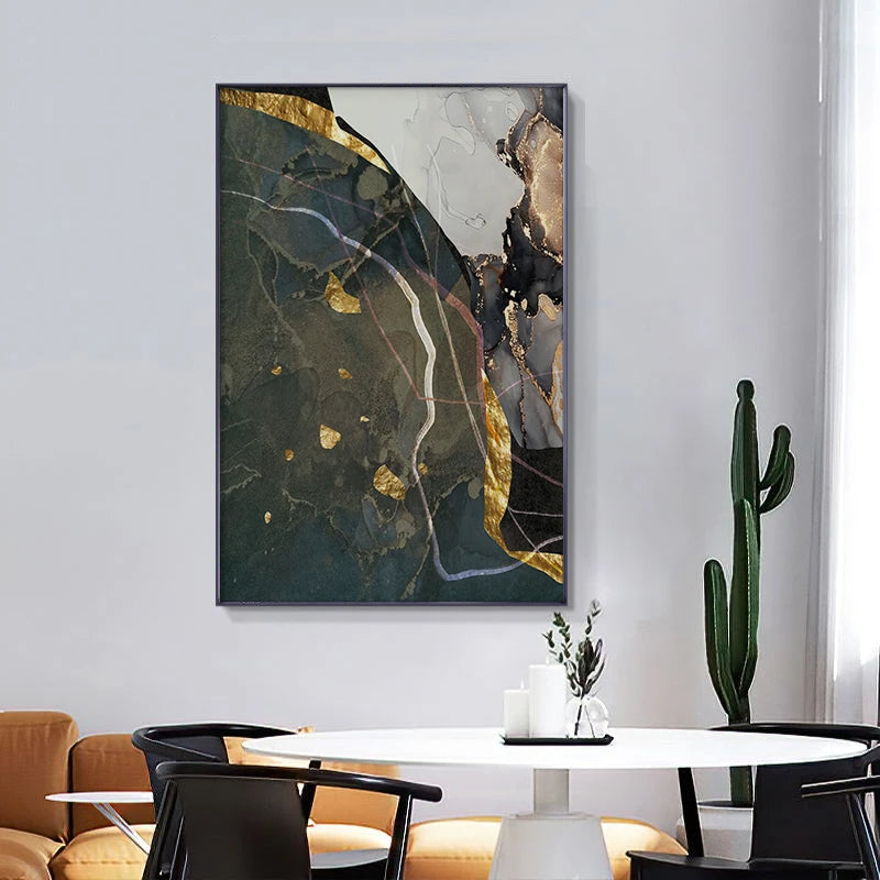 Nordic Abstract Golden Grey Green Geomorphic Marble Print Wall Art Fine Art Canvas Prints - Art For Modern Living Room Dining Room Meeting Room Boutique Hotel Art Decor