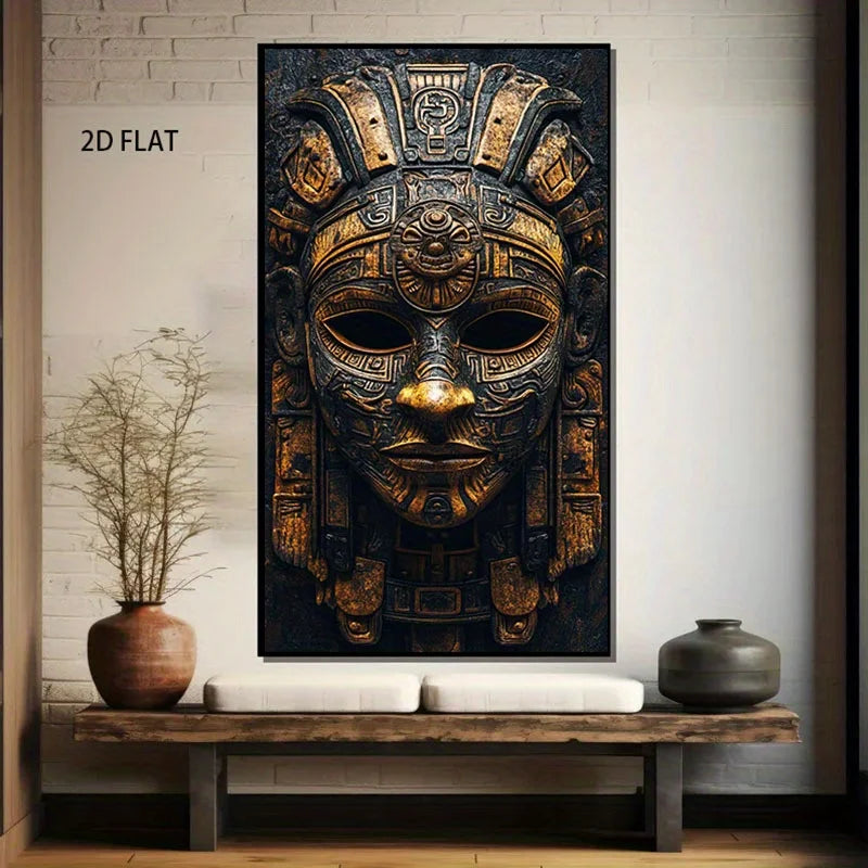 A large vertical wall art print showing an ornate gold and black ancient mask, displayed above a bench in a styled interior with a vase and another container. The print includes the text '2D FLAT' near the upper left.