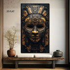 A large vertical wall art print showing an ornate gold and black ancient mask, displayed above a bench in a styled interior with a vase and another container. The print includes the text '2D FLAT' near the upper left.
