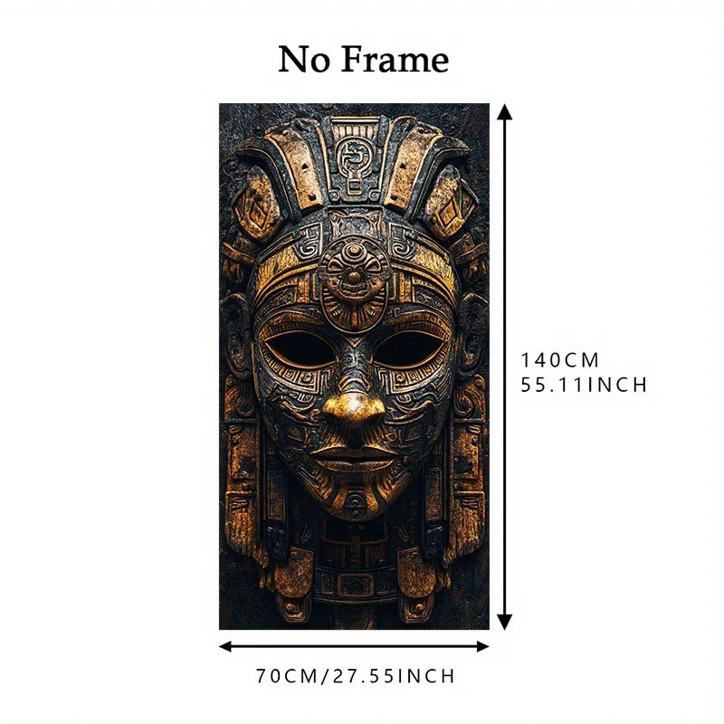A wall art print or panel showing an ornate ancient Aztec-style mask in dark metallic tones, with dimension arrows and text indicating 70CM/27.55INCH width and 140CM/55.
