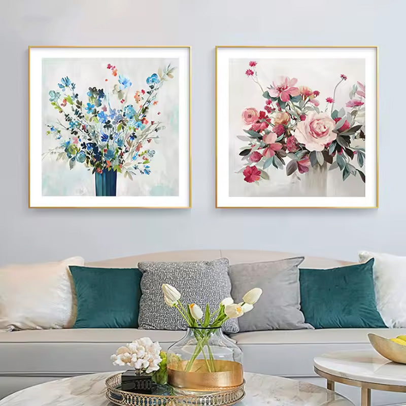 Pink Blue Delightful Floral Wall Art Fine Art Canvas Prints - Modern Square Format Botanical Art For Living Room Dining Room Bedroom Art Decor