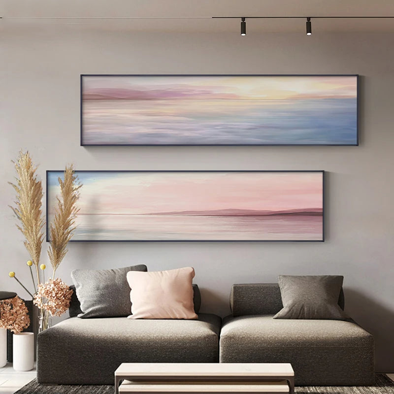 Pink Blue Sea Sunset Wall Art Fine Art Canvas Prints - Modern Wide Format Landscape Art For Above The Sofa Art For Above The Bed
