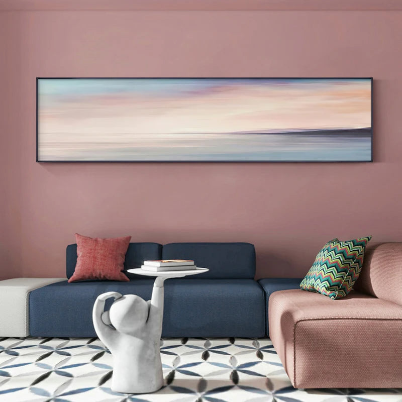 Pink Blue Sea Sunset Wall Art Fine Art Canvas Prints - Modern Wide Format Landscape Art For Above The Sofa Art For Above The Bed