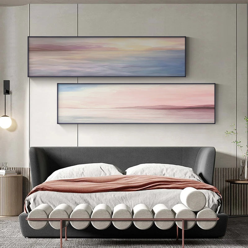 Pink Blue Sea Sunset Wall Art Fine Art Canvas Prints - Modern Wide Format Landscape Art For Above The Sofa Art For Above The Bed