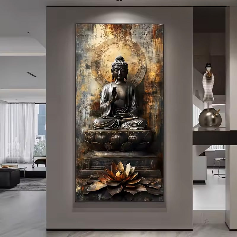 A vertical wall art piece featuring a seated Buddha statue in dark metallic tones with a glowing halo and lotus flower at the bottom, displayed in a modern interior hallway.