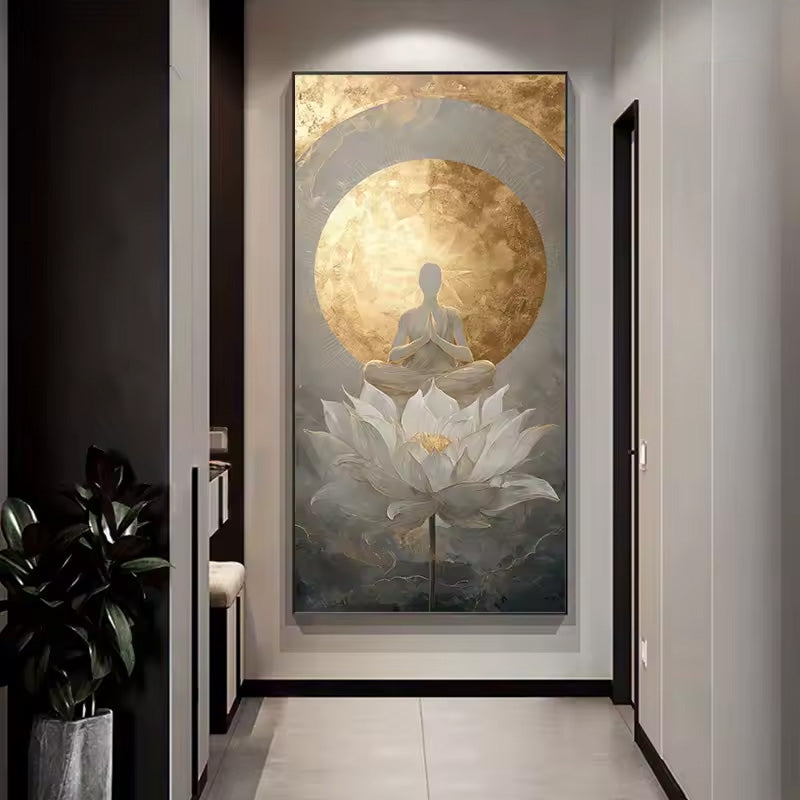 A vertical auspicious wall art piece hanging in a modern hallway, featuring a seated meditating figure in front of a large gold circular backdrop above a white lotus flower.