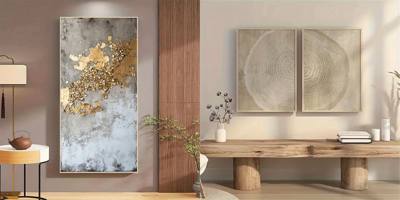 A styled interior scene showing wall art in a real room: a tall vertical abstract canvas with gold and white brushstrokes on the left, and two square wood-grain tree-ring style canvases on the right. A wooden bench, lamp, vase, and decor are visible in the room.