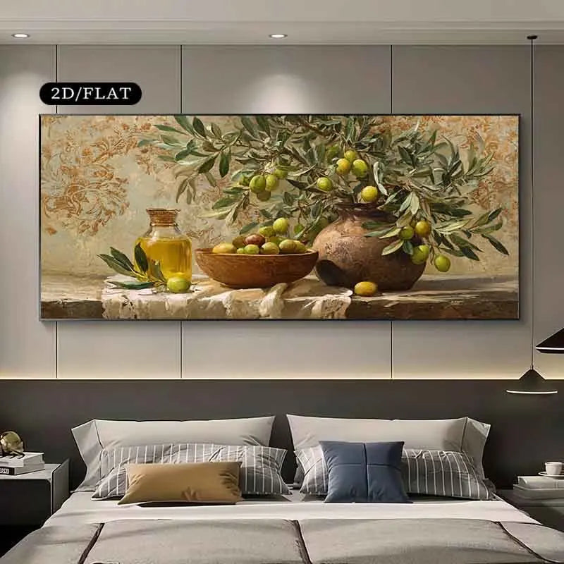 A large rectangular wall art print showing a still life of olives, a bowl, and a bottle, displayed above a bed in a modern bedroom. 