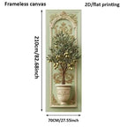 A canvas wall art print showing an ornate olive tree in a pot against a pale green and gold decorative panel, with dimension arrows and text indicating 210 cm height by 70 cm width.
