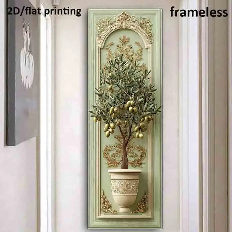 A framed wall art print showing an ornate olive tree in a decorative pot against a pale green and gold classical-style panel. The print is displayed on a wall, with text reading '2D/flat printing' and 'frameless' in the top corners.