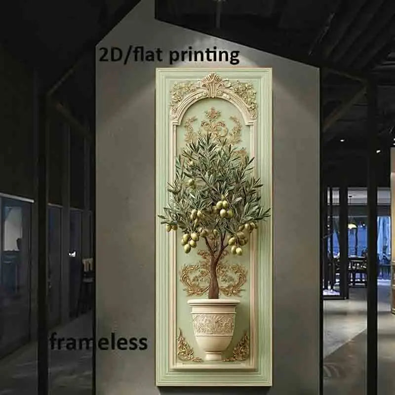 A wall art print showing a potted olive tree with green leaves and gold olives, mounted on a beige wall in a modern interior space. The print has an ornate cream and gold border with a central arch design.