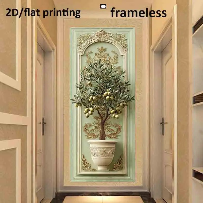 A 2D flat wall art print depicting an ornate olive tree in a white pot against a light green and gold classical-style panel, shown mounted on a beige hallway wall.