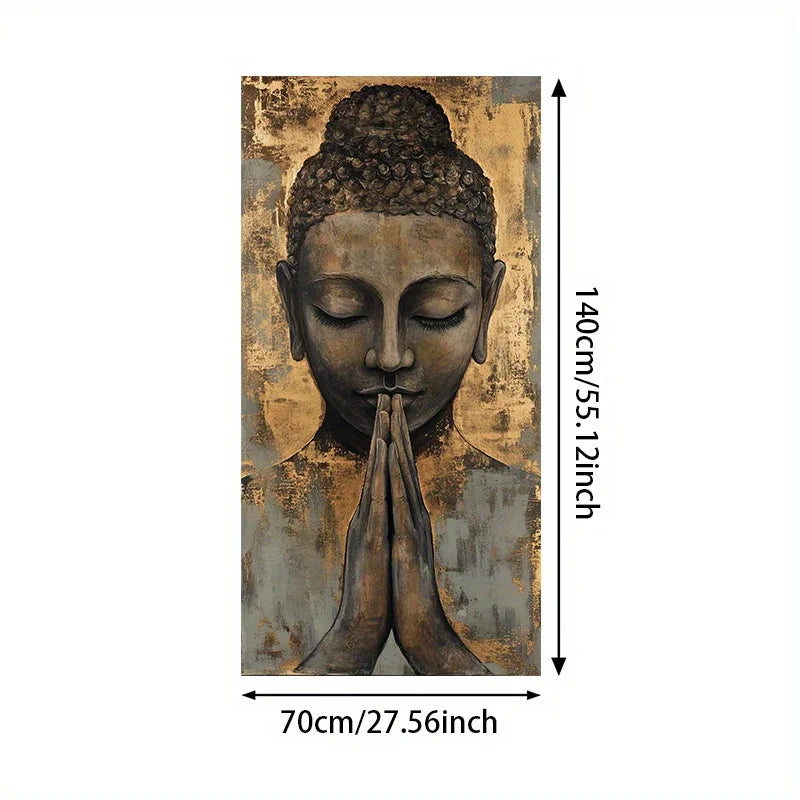 A vertical wall art print showing a serene Buddha head with hands in prayer, rendered in dark gray and gold tones. Black dimension arrows and text indicate 70cm/27.