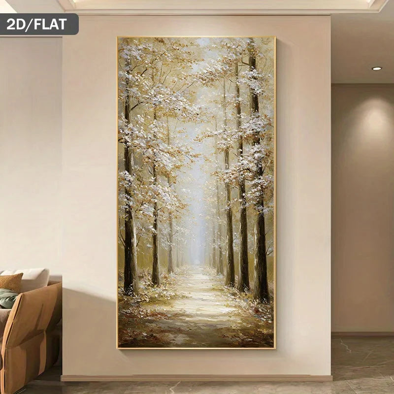 A vertical wall art print showing a misty forest path with tall trees and pale foliage, displayed on an interior wall above a sofa. The image includes a small '2D/FLAT' label in the top-left corner.