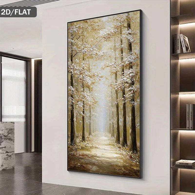 A vertical canvas wall art print depicting a misty forest path with tall trees and soft golden light, displayed on a white wall in a modern interior setting.