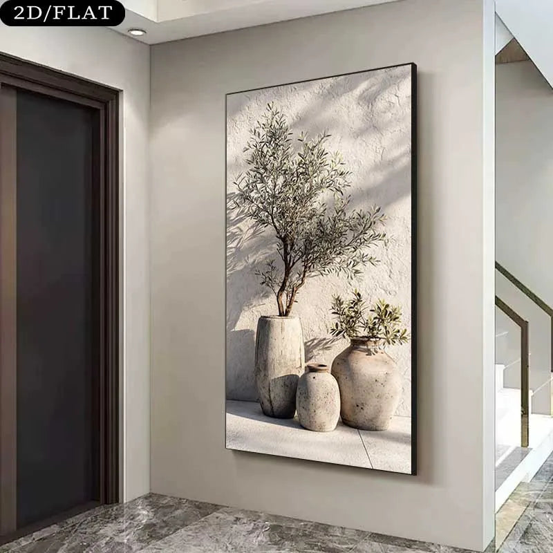 Rustic Olive Tree Vase Wall Art – Neutral Mediterranean Botanical Decor Unframed Canvas Print for Modern Minimalist Interiors