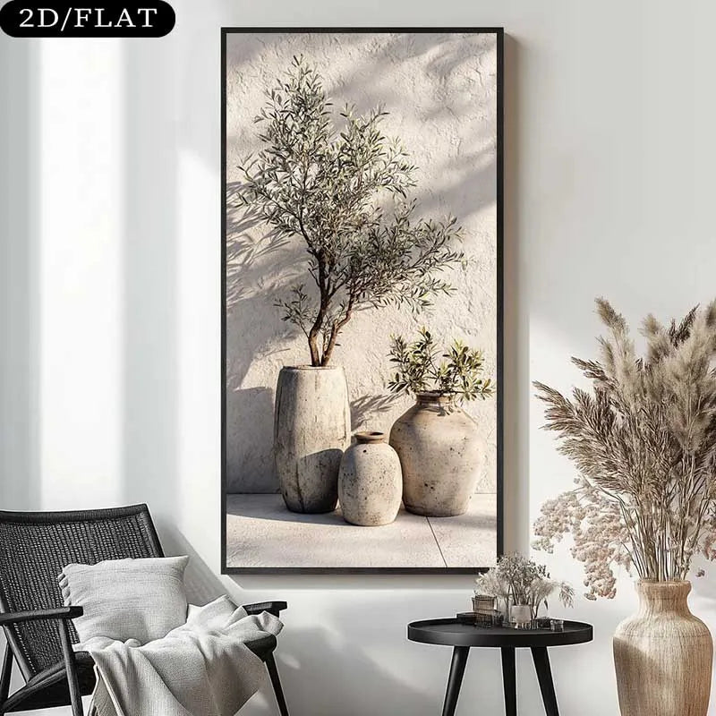 Rustic Olive Tree Vase Wall Art – Neutral Mediterranean Botanical Decor Unframed Canvas Print for Modern Minimalist Interiors