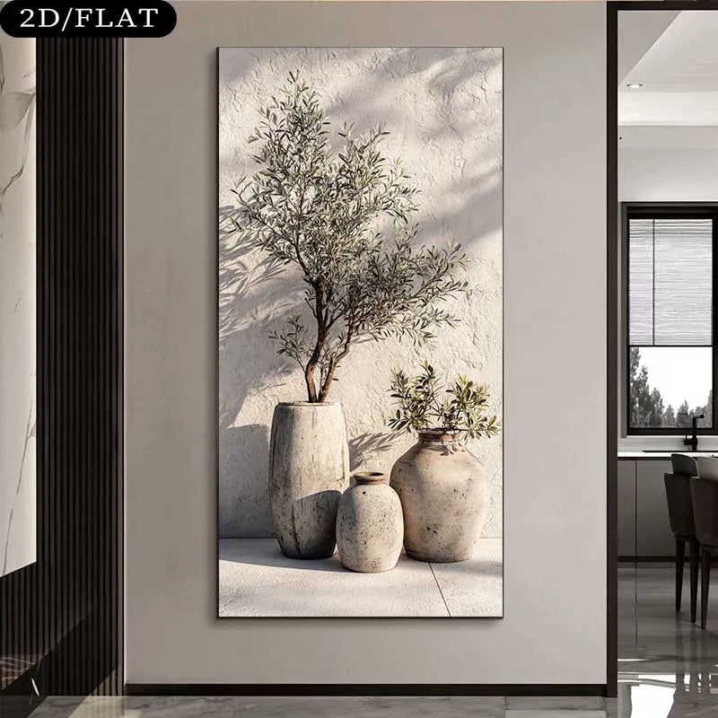 Rustic Olive Tree Vase Wall Art – Neutral Mediterranean Botanical Decor Unframed Canvas Print for Modern Minimalist Interiors