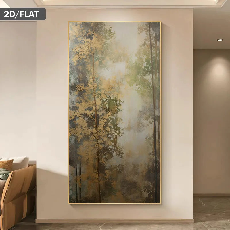 A vertical wall art print showing an abstract misty forest with tall trees in muted gold, green, gray, and brown tones, displayed on a beige wall in a modern interior. A small '2D/FLAT' label appears in the top-left corner.