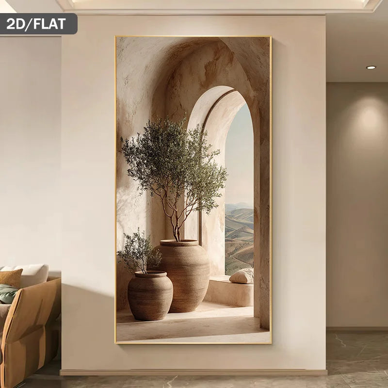 Mediterranean Archway Landscape Canvas Print – Warm Neutral Architectural Wall Art with Clay Pots & Minimalist Nature Scene for Modern Rustic Interiors