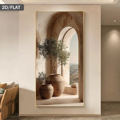 Mediterranean Archway Landscape Canvas Print – Warm Neutral Architectural Wall Art with Clay Pots & Minimalist Nature Scene for Modern Rustic Interiors