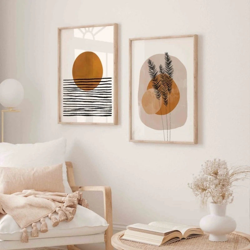Modern Abstract Boho Canvas Print Wall Art – Minimalist Orange Sun, Organic Shapes & Botanical Silhouette Design for Scandinavian Home Decor