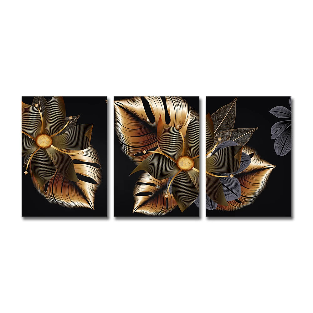 Set of 3PCs Golden Monstera Wall Art Fine Art Canvas Prints - Modern Tropical Botanical Pictures For Living Room Dining Room Art For Contemporary Interiors