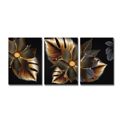 Set of 3PCs Golden Monstera Wall Art Fine Art Canvas Prints - Modern Tropical Botanical Pictures For Living Room Dining Room Art For Contemporary Interiors
