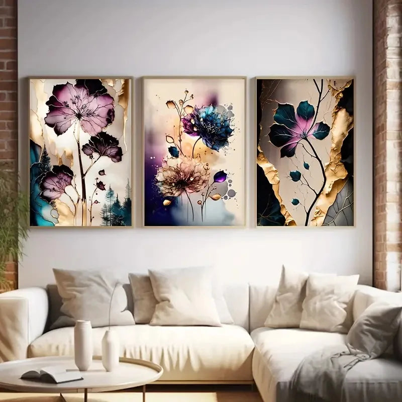 Set of 3Pcs Dreamy Purple Beige Cyan Floral Abstract Wall Art Fine Art Canvas Prints - Modern Botanical Pictures For Living Room Dining Room Wall Decor For Boutique Hotel Room