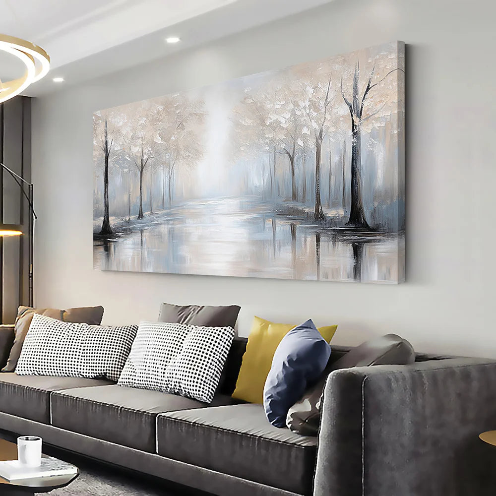 Canvas Wall Art Misty Silvery Forest Modern Abstract Painting Frameless Picture for Living Room Bedroom Office Home Decoration