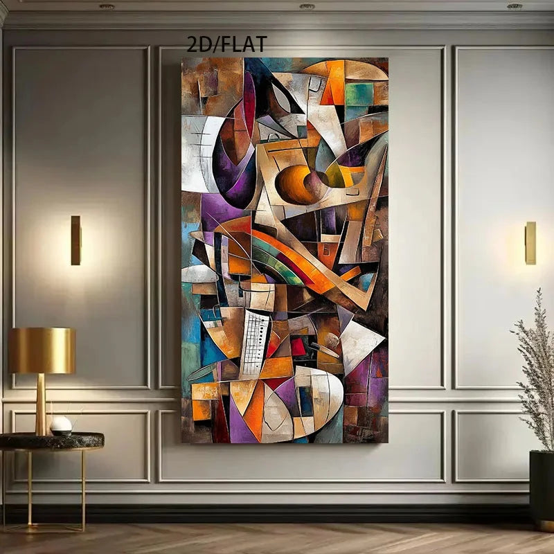 Frameless Modern Abstract Cubist Guitar Canvas Art Print Colorful Geometric Design, for Living Room & Bedroom, Unique Home Decor