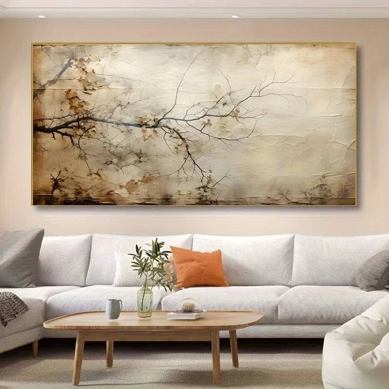 Large Rustic Neutral Abstract Tree Branch Canvas Print Wall Art for Modern Minimalist Living Room Décor and Contemporary Home Interiors