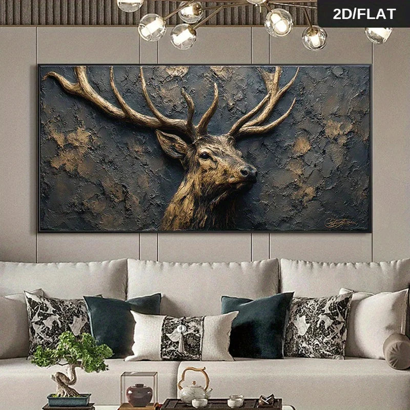 Majestic Golden Stag Wall Art – Rustic Antlered Deer Portrait – Luxury Nature‑Inspired Unframed Canvas Print for Modern Living Room Decor