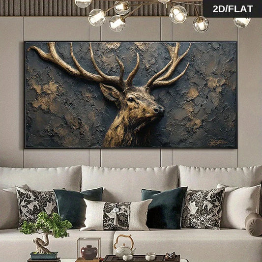 Majestic Golden Stag Wall Art – Rustic Antlered Deer Portrait – Luxury Nature‑Inspired Unframed Canvas Print for Modern Living Room Decor