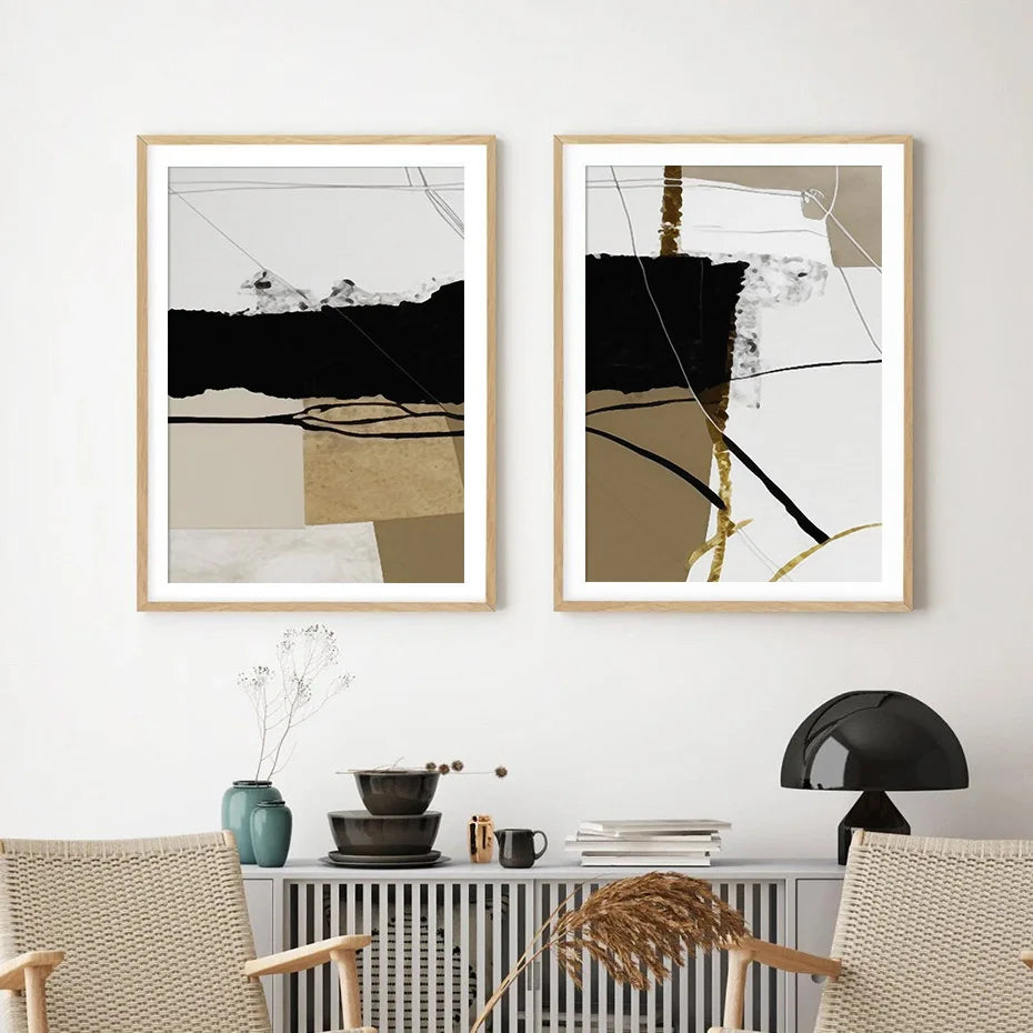 Vintage Brown Black Beige Color Block Abstract Wall Art Fine Art Canvas Prints - Pictures For Dining Room Living Room Bedroom Artworks For Contemporary Decor