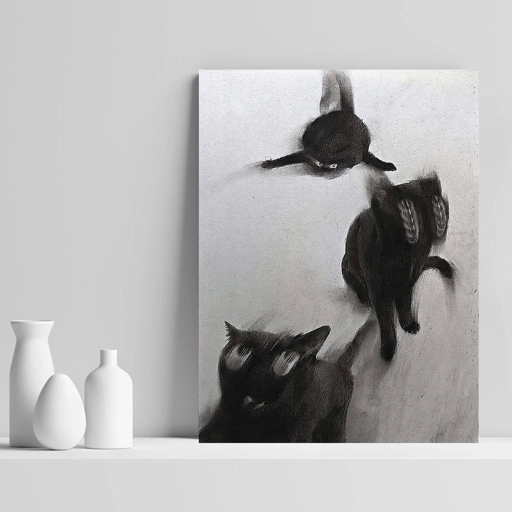 Abstract Black Cats In Motion Wall Art – Expressive Blurred Feline Trio Artwork – Modern Minimalist Print for Contemporary Living Room Decor