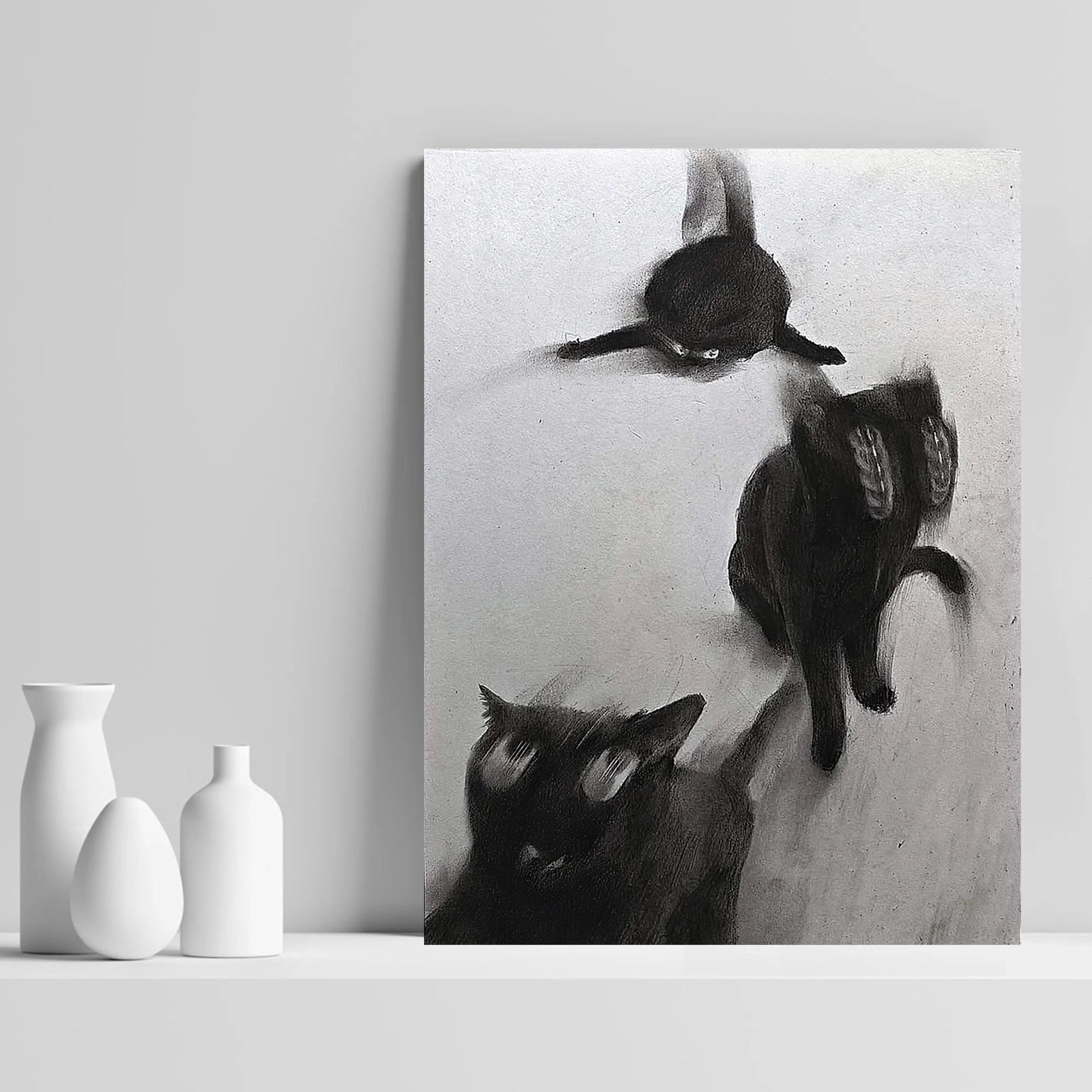 Abstract Black Cats In Motion Wall Art – Expressive Blurred Feline Trio Artwork – Modern Minimalist Print for Contemporary Living Room Decor