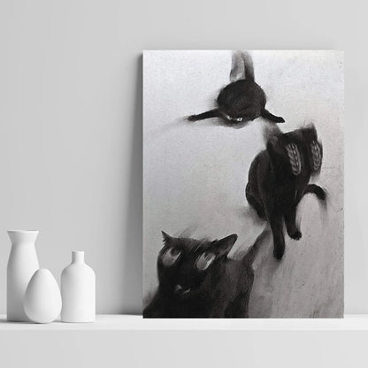 Abstract Black Cats In Motion Wall Art – Expressive Blurred Feline Trio Artwork – Modern Minimalist Print for Contemporary Living Room Decor