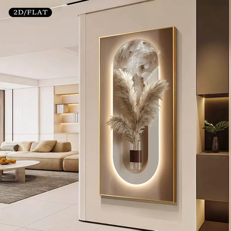 Modern Pampas Grass Wall Art – Luxury Backlit Arch Design with Neutral Textured Vase for Elegant Hallway & Minimalist Home Decor